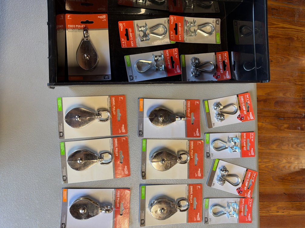 Lot of pulleys and rope clamps