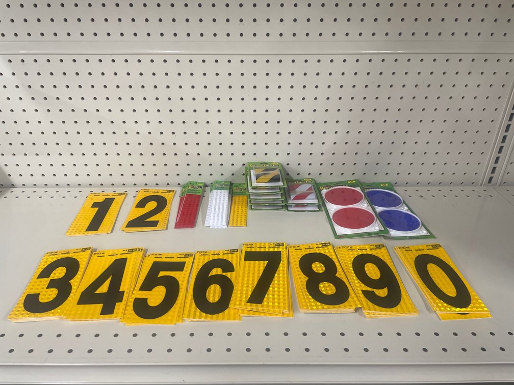 Lot of reflectors/reflective tape and numbers