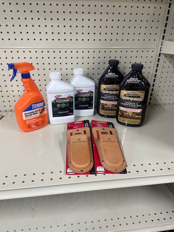Lot of weed/ termite/ant killers and leather scabbard