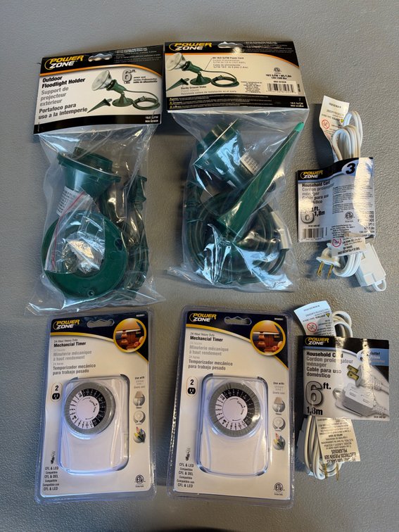 Lot of Timers, Cords, and Floodlight Holders