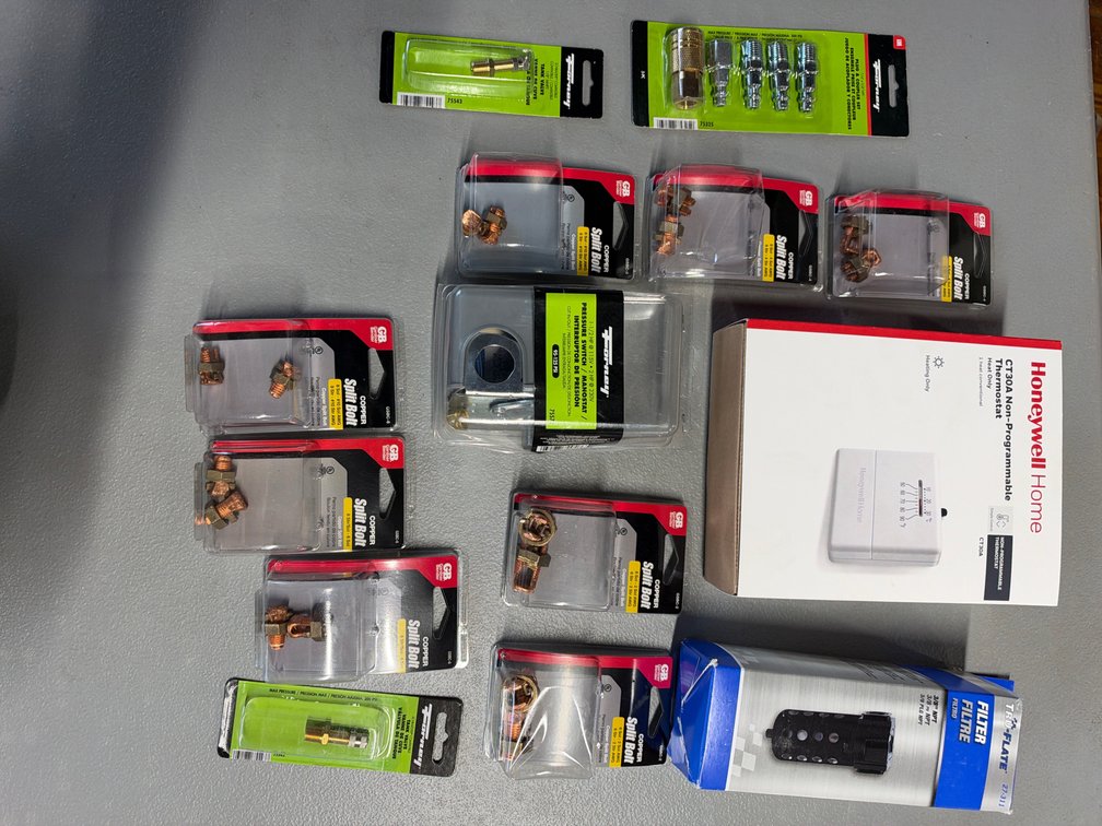 Lot of split bolts, thermostat, filter