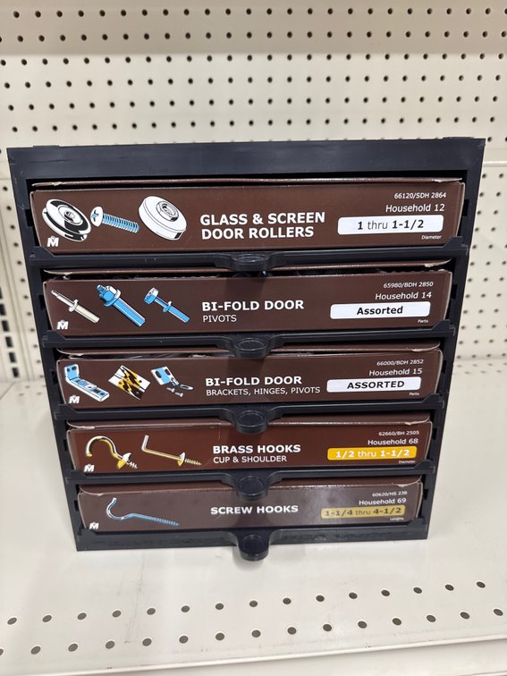 Lot of bi-fold door hinges, brass hooks and screen door rollers