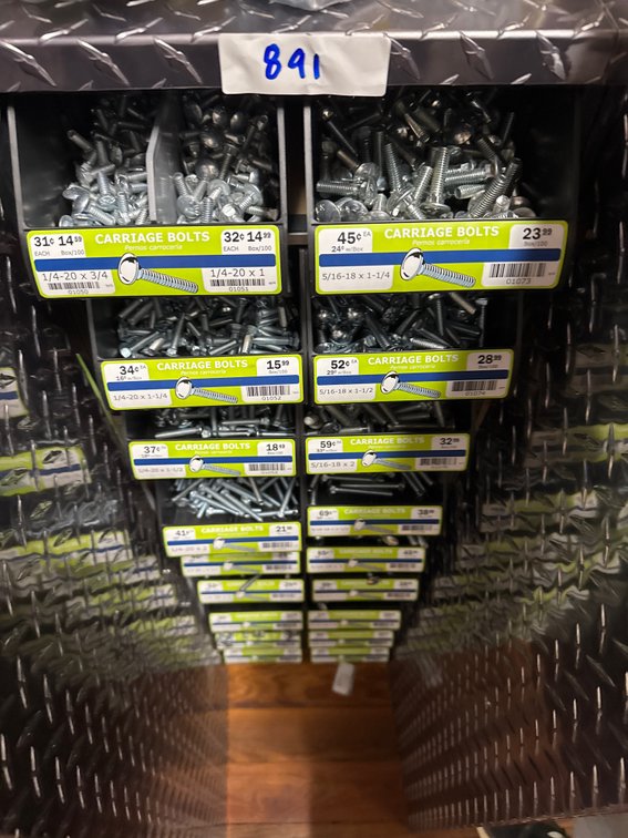 Large lot of carriage bolts and bins