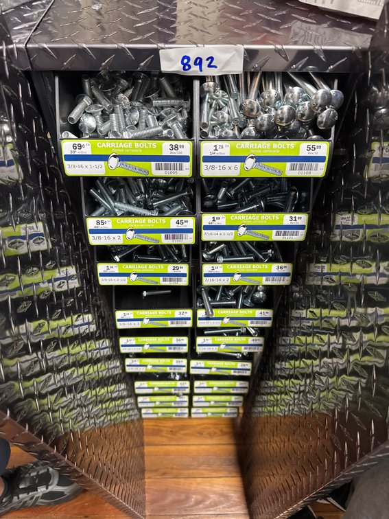 Large lot of carriage bolts and bins