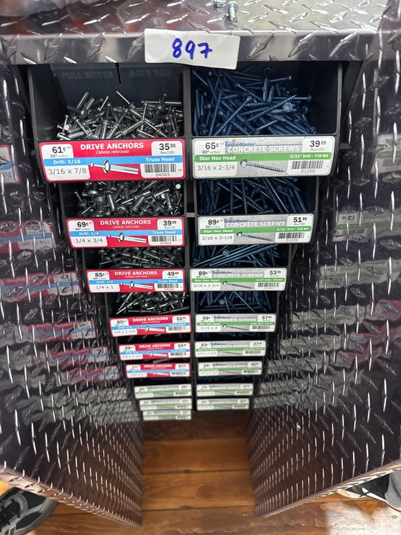 Large lot of drive anchors and concrete screws and bins