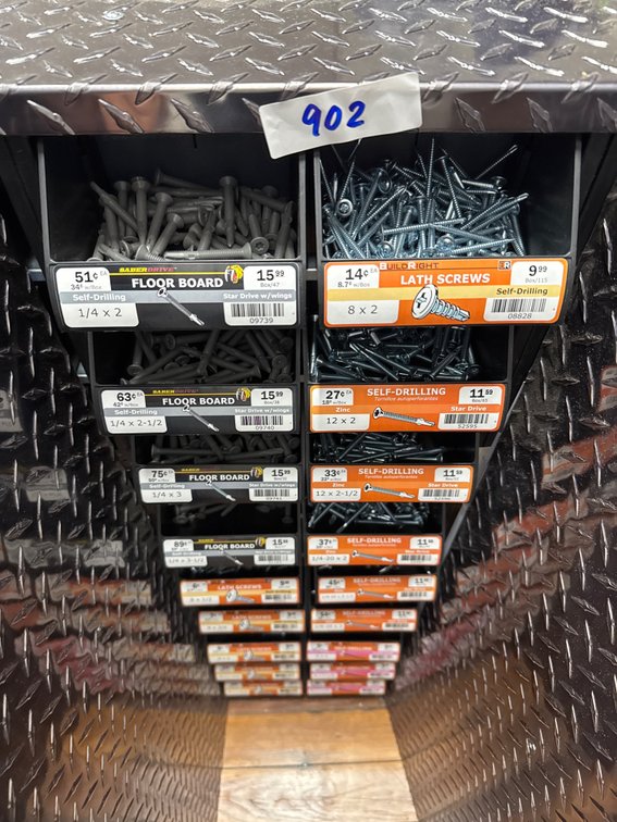 Large lot of screws, lath and floor, and bins