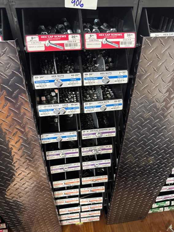 Large lot of hex cap screws, hex nuts and bins