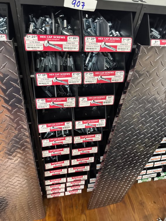 Large lot of hex cap screws and bins