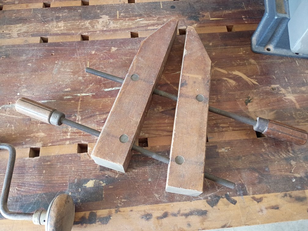 vintage carpenter's bit brace  , wooden handscrew clamp