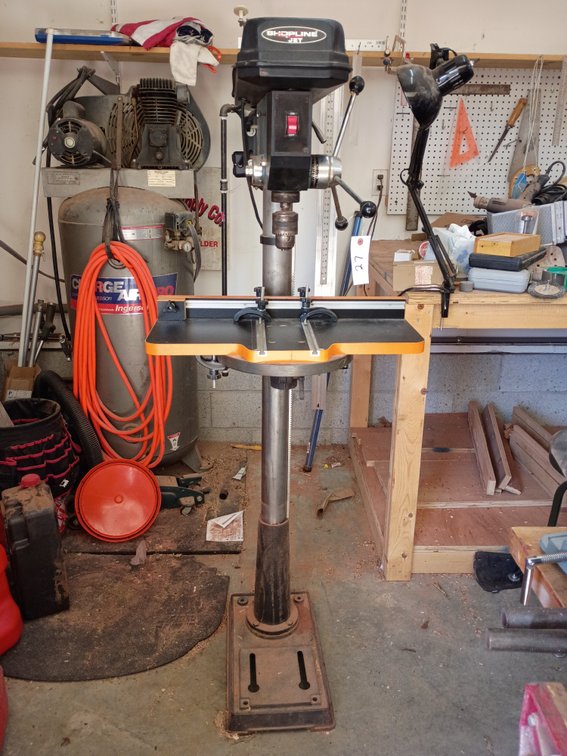 Shopline by Jet 14-inch drill press (Model JSL-14DP) fitted with an aftermarket or upgraded work table and fence