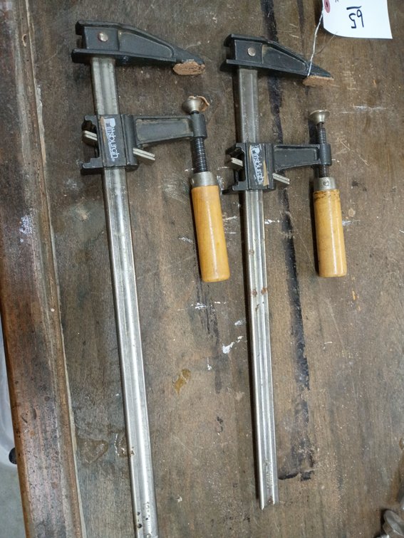 2 16in Pittsburgh F-style steel bar clamps with wooden handles and a quick-release clutch mechanism.