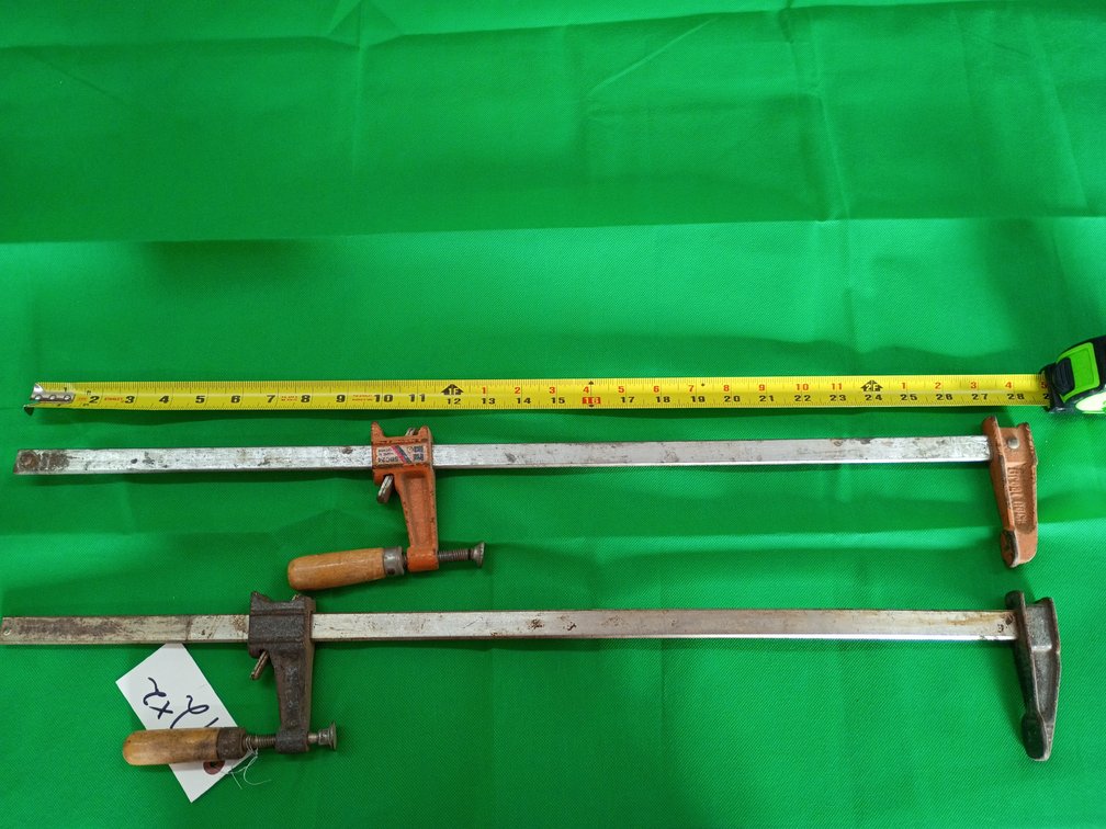 2 vintage Jorgensen steel bar clamps (likely model 3724 or a similar size around 24 inches) with wooden handles
