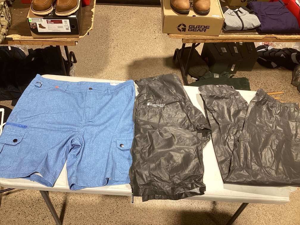 frogg toggs Rain Suit and New jean shorts