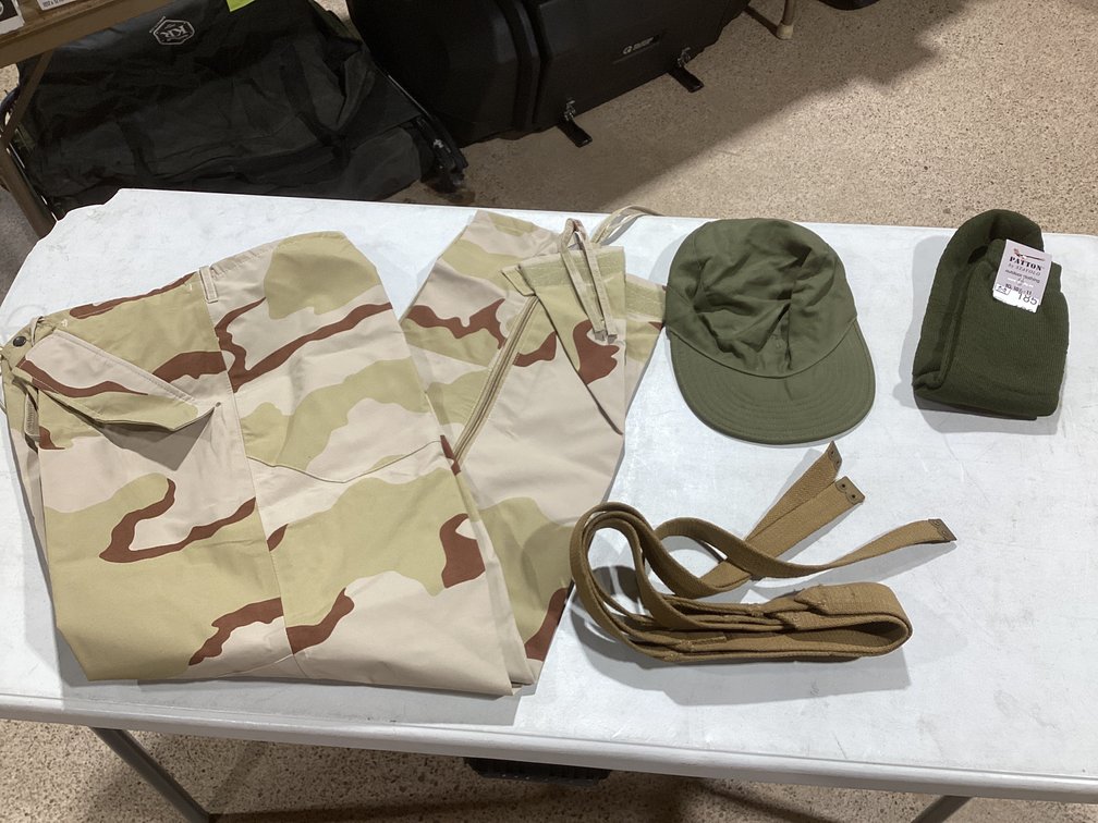 Camo Waterproof Rain pants, cap, Patton Socks, shoulder strap