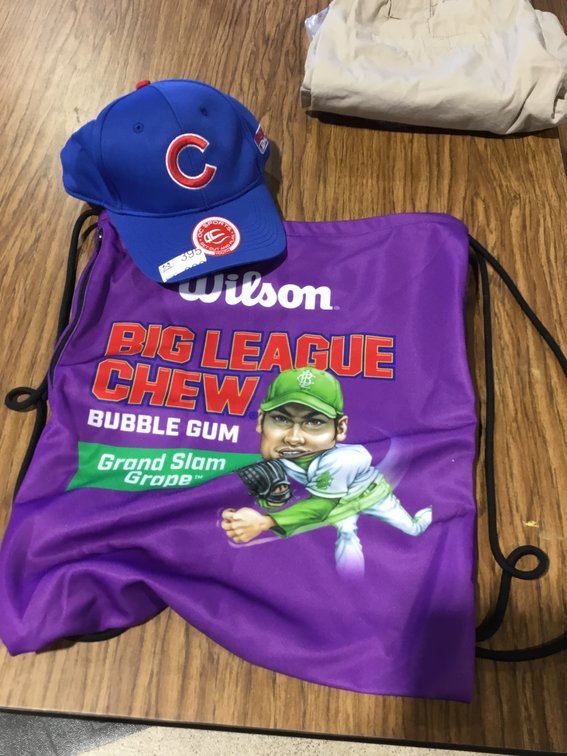 Big League Chew bag and if Chicago Cubs baseball cap size youth