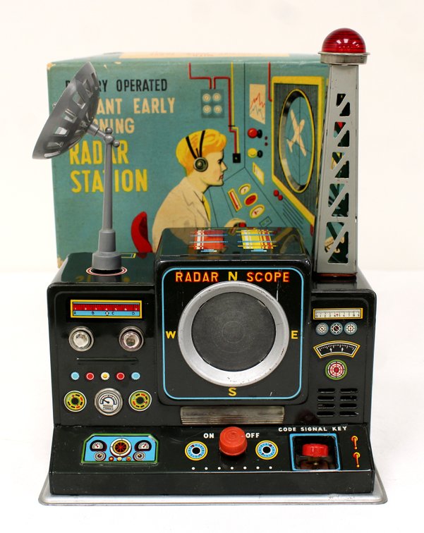 Tin Litho Battery Operated Radar Station in Box, Modern Toys Japan