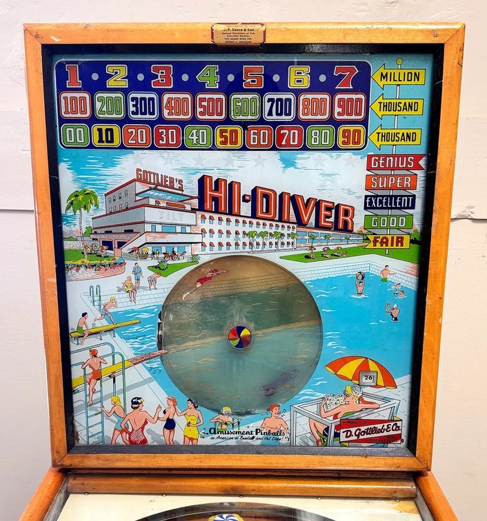 Gottlieb Hi-Diver Woodrail Pinball Machine, Animated Backglass, 1959