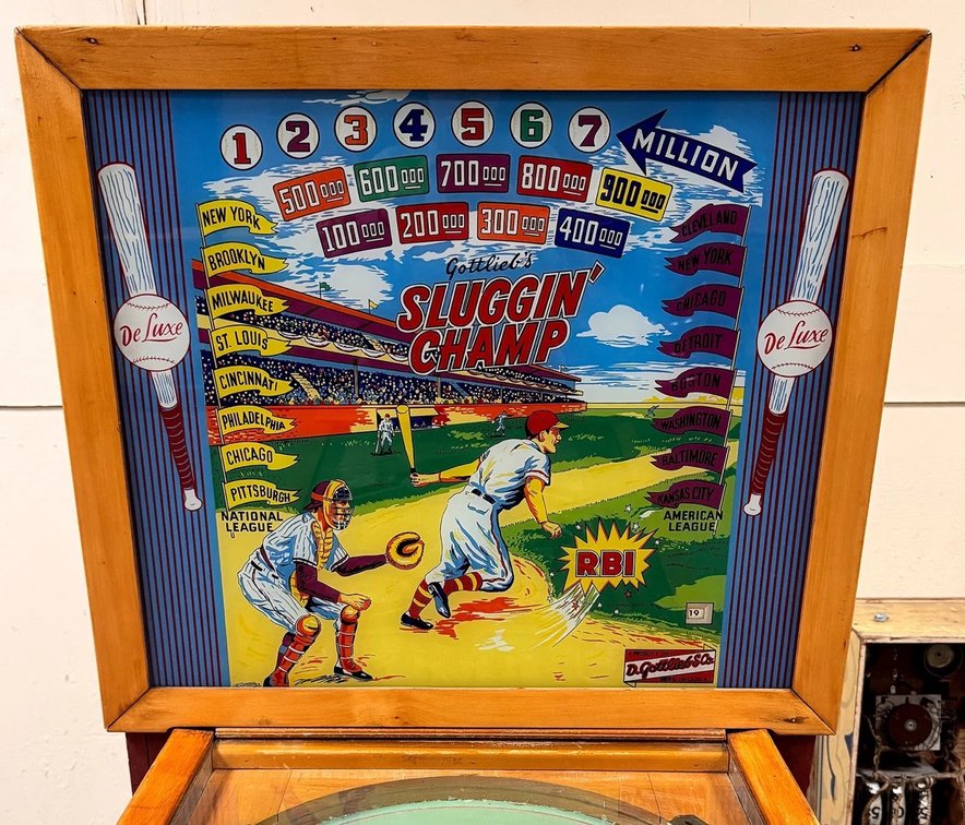 Gottlieb Sluggin' Champ Woodrail Pinball Machine, Deluxe Cabinet, 1955