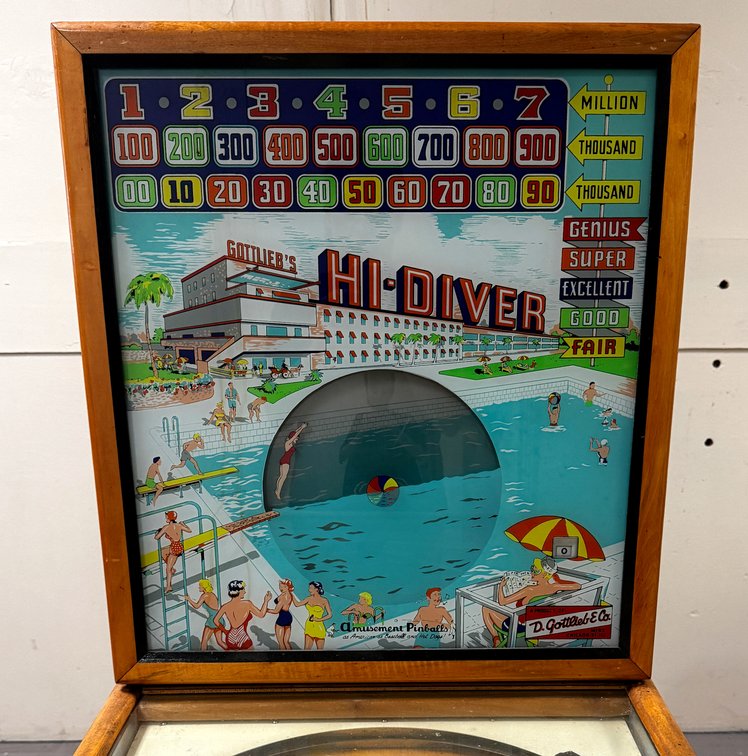 Gottlieb Hi-Diver Woodrail Pinball Machine, Animated Backglass, 1959