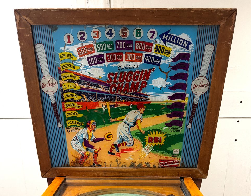Gottlieb Sluggin' Champ Woodrail Pinball Machine, Deluxe Cabinet, 1955