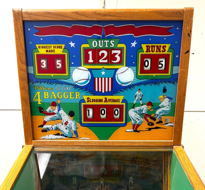 Williams Deluxe 4 Bagger Pitch and Bat Woodrail Pinball Machine, 1956