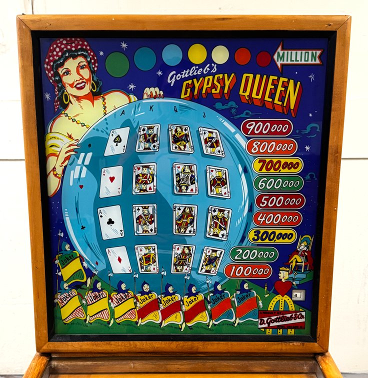 Gottlieb Gypsy Queen Woodrail Pinball Machine, 1955