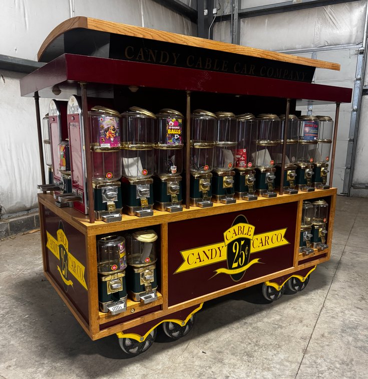 Candy Cable Car Coin Op Gumball Cart with Sticker Vendor and Bill Acceptor