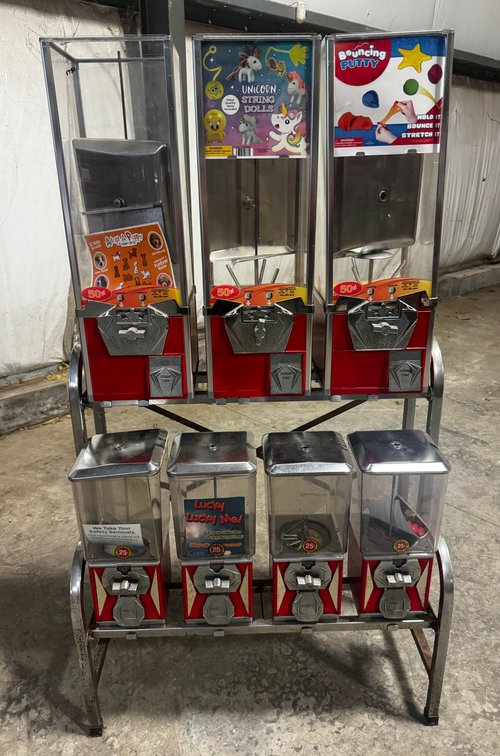 Two Tier Gumball / Candy Vendor with Capsule Vendors on Stand