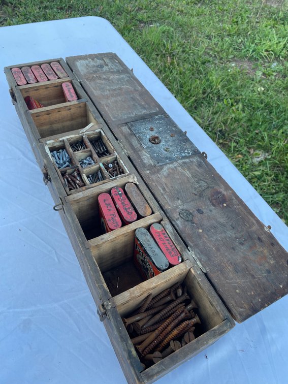 Vintage Wooden Hardware Organizer w/ Assorted Screws, Nails & Fasteners