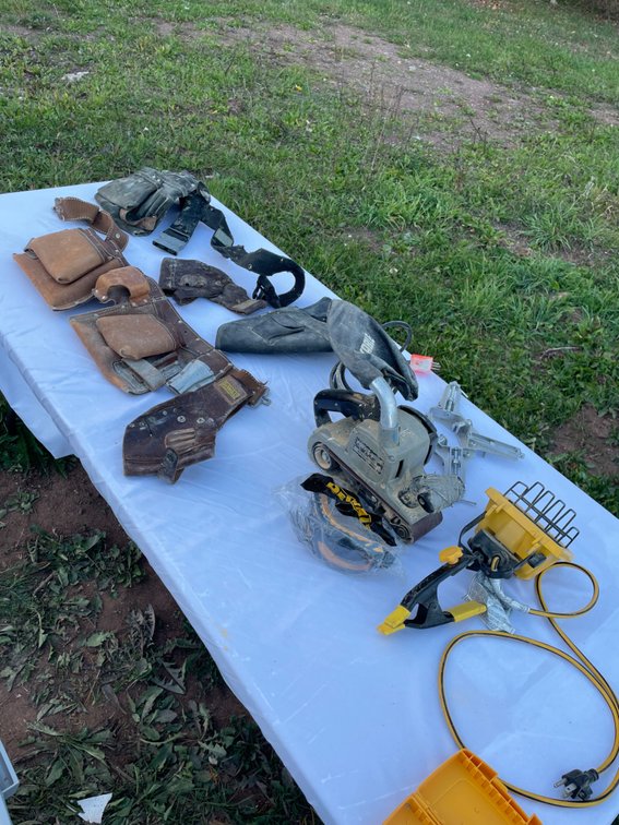 Large Tool Belt Lot w/Porter-Cable Belt Sander and Work Light