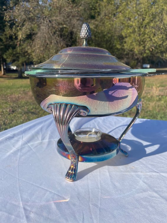 Vintage-Style Iridescent Metal Serving Dish w/ Decorative Lid & Matching Stand