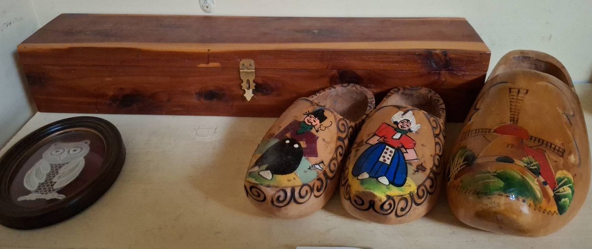 Wooden Dutch Clogs, Box, Framed Owl, and Feathers