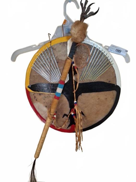 Handcrafted Drum and Beaded Stick with Talon