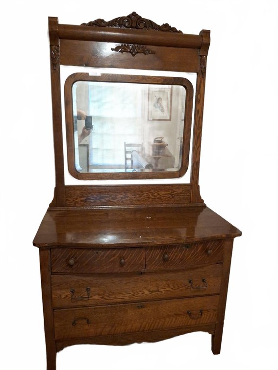 Oak Dresser with Attached Mirror and Brass Hardware 42"×21"×77"