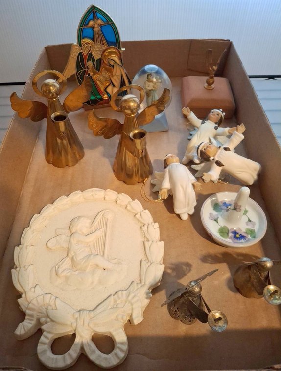 Angel Figurines, Brass Candle Holders, and Decor