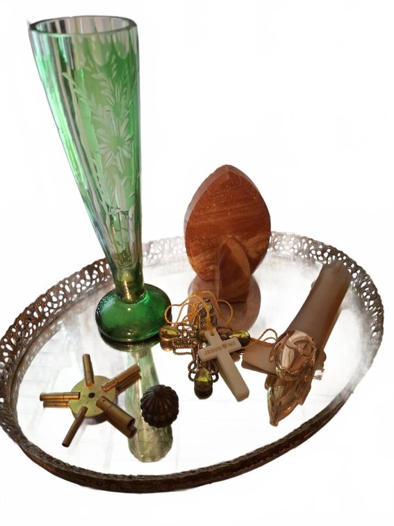Decorative Assorted Tray Lot with Glass and Crosses