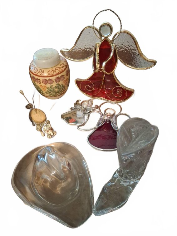 Stained Glass Angels, Ginger Jar, Glass Boot and Hat