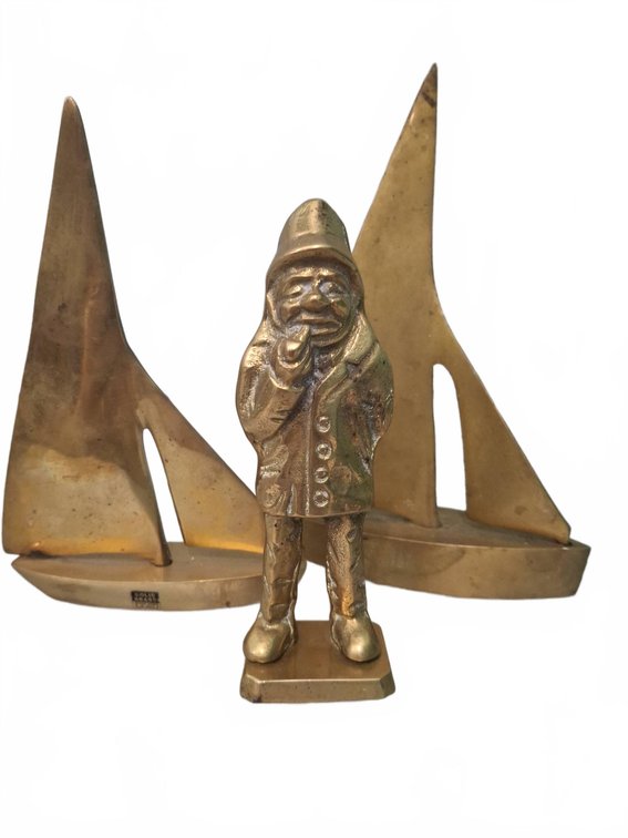 Solid Brass Sailboat and Sailor Figurines