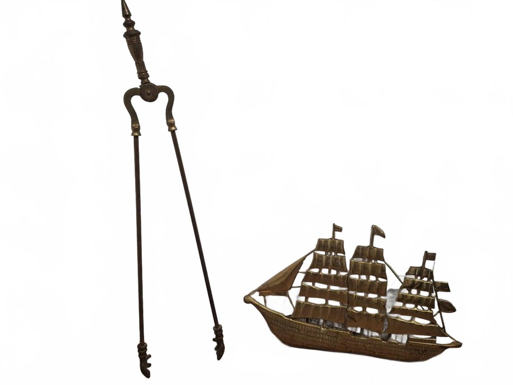Brass Fire Tongs and Ship Wall Hanging