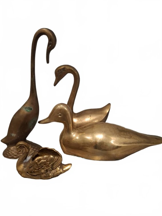 Brass Swan and Duck Figurine Set, 4 Pieces