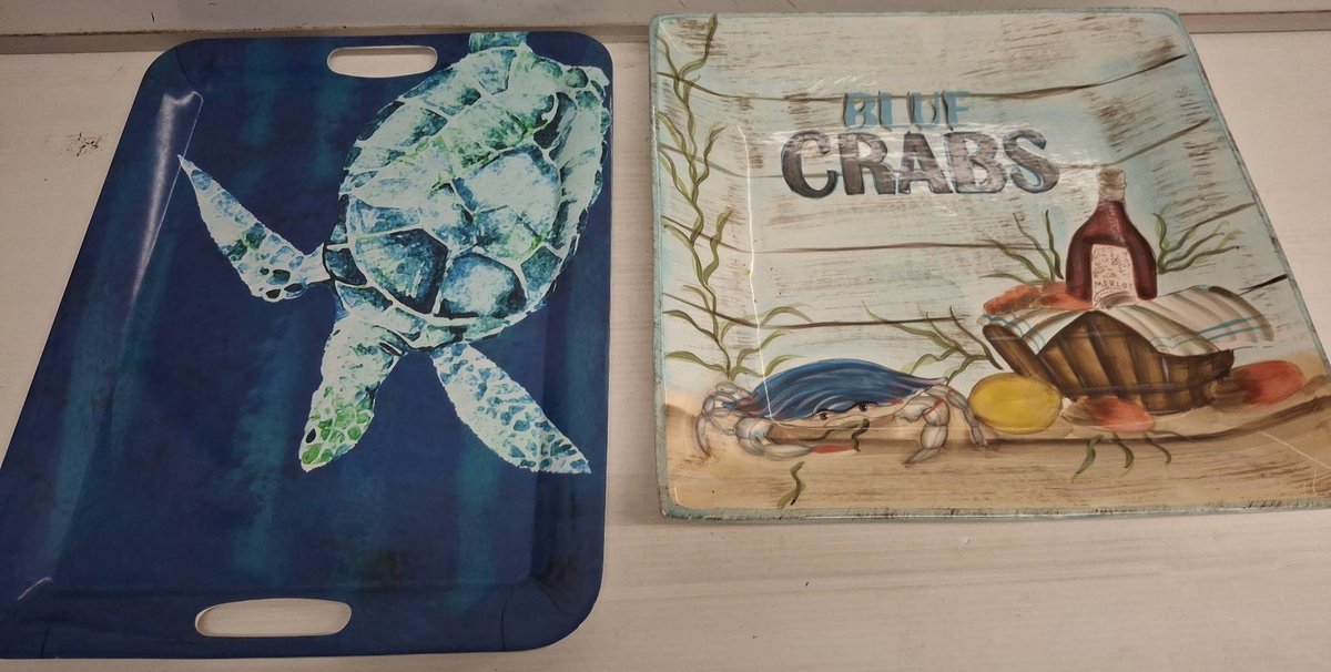 2 Serving Trays: Sea Turtle & Blue Crab Art