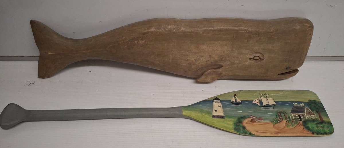Wood Whale Figure & Painted Paddle, 34"×8", 36"×7"