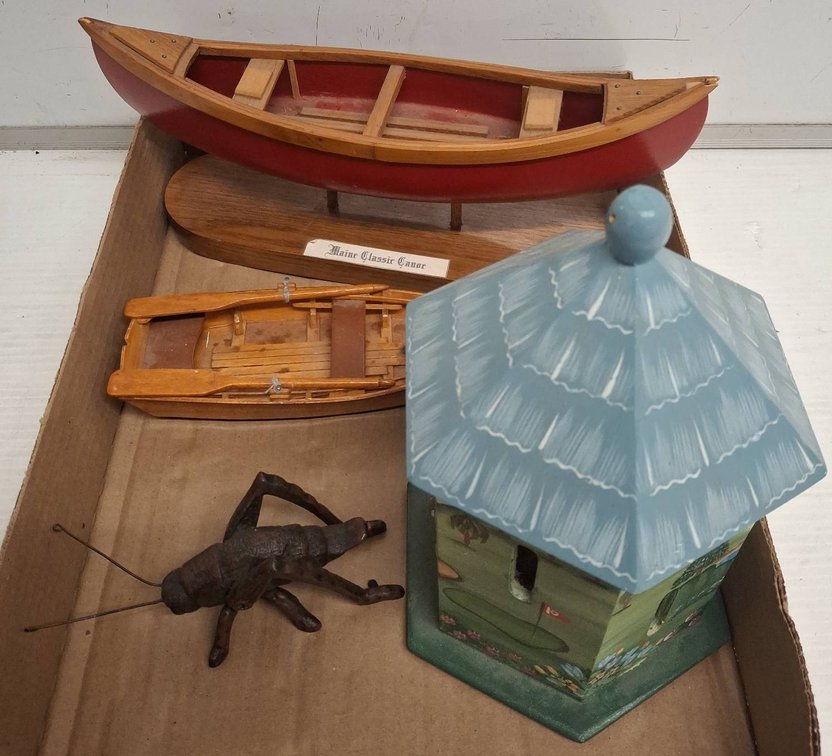 Model Boats, Birdhouse, Cast Grasshopper Lot