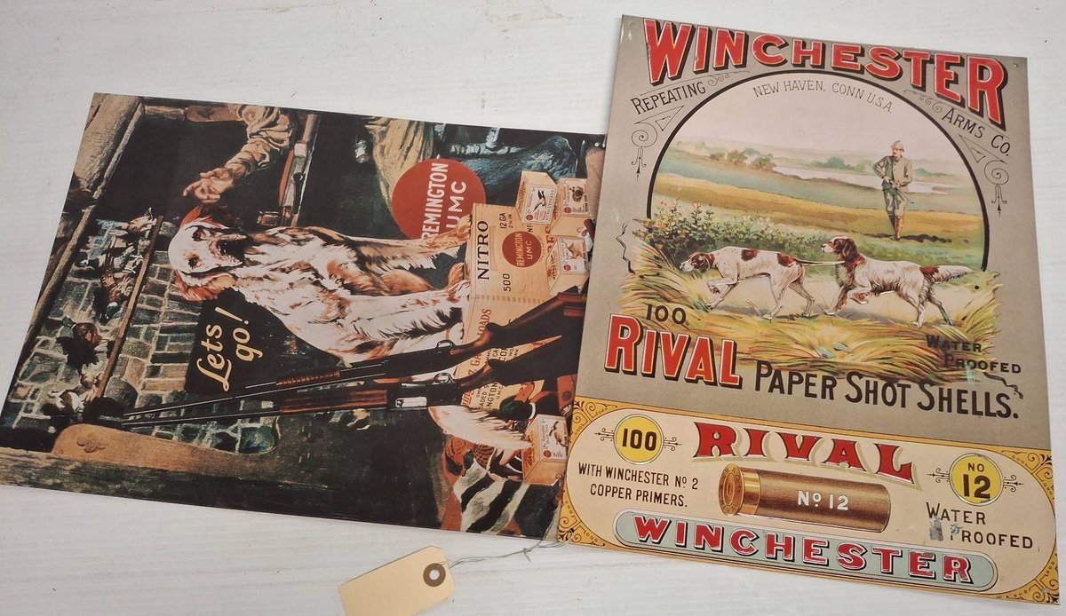 2 Metal Signs Winchester Remington Dog & Shells 12"×16"