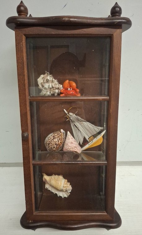 Wood Display Cabinet With Seashells And Figurines