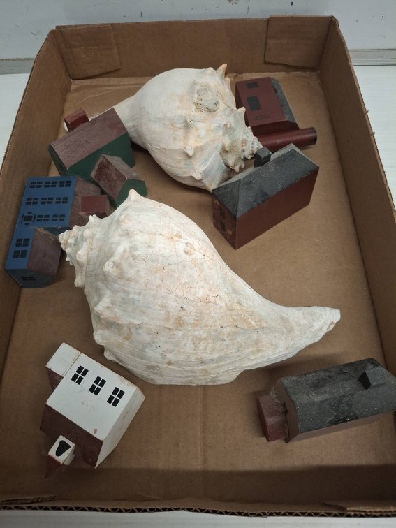 2 Large Seashells With 7 Wooden Houses