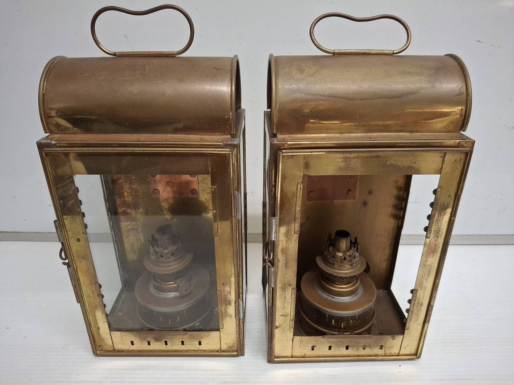 Pair Brass Kerosene Lanterns, One Missing Glass