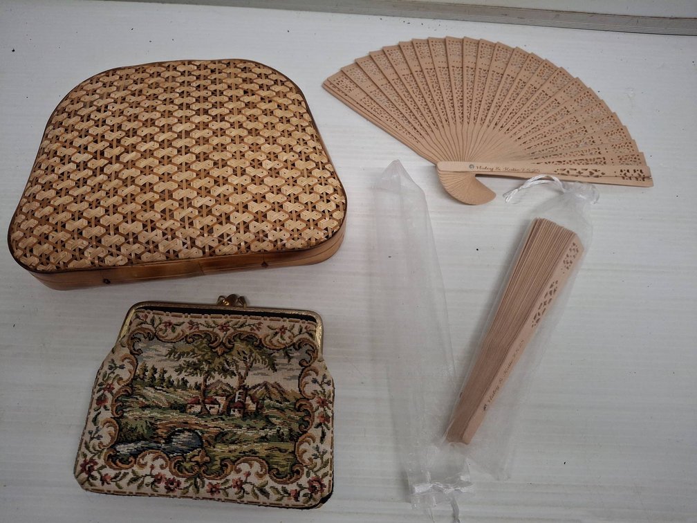 Wicker Purse, Tapestry Bag, Wood Fans