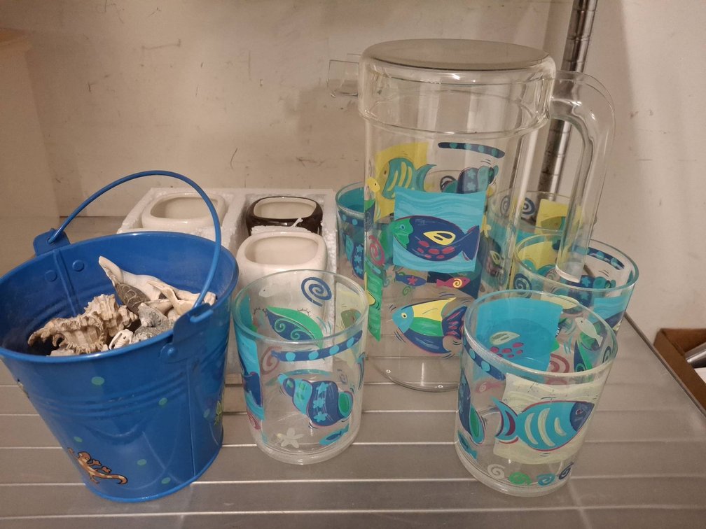 Plastic Fish Pitcher Set, Mugs, Shell Pail Lot