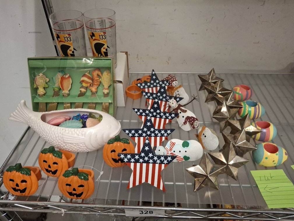 Holiday Decor Lot: Glasses, Figurines, Stars